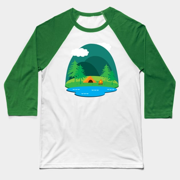 Camping Adventure Vector Landscape Baseball T-Shirt by julieerindesigns